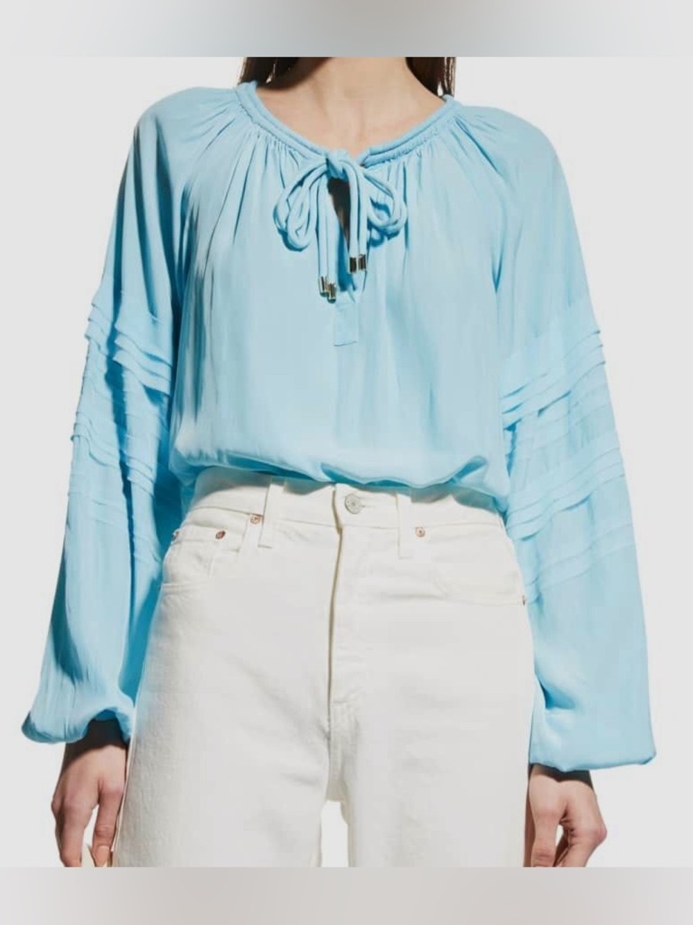 Ramy Brook Reggie Light Blue Peasant Blouse with Tie Neck